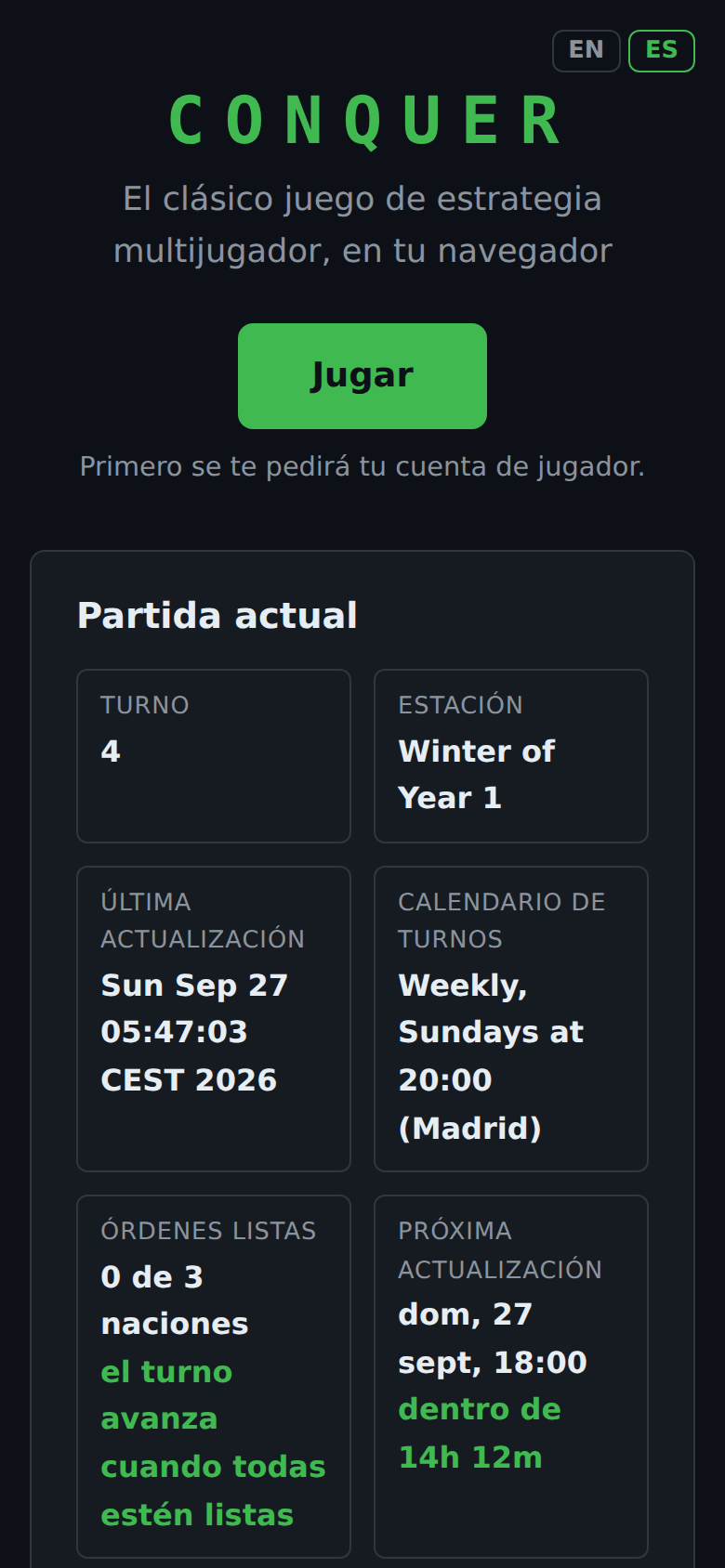 The home page on a phone, in Spanish and in dark mode.