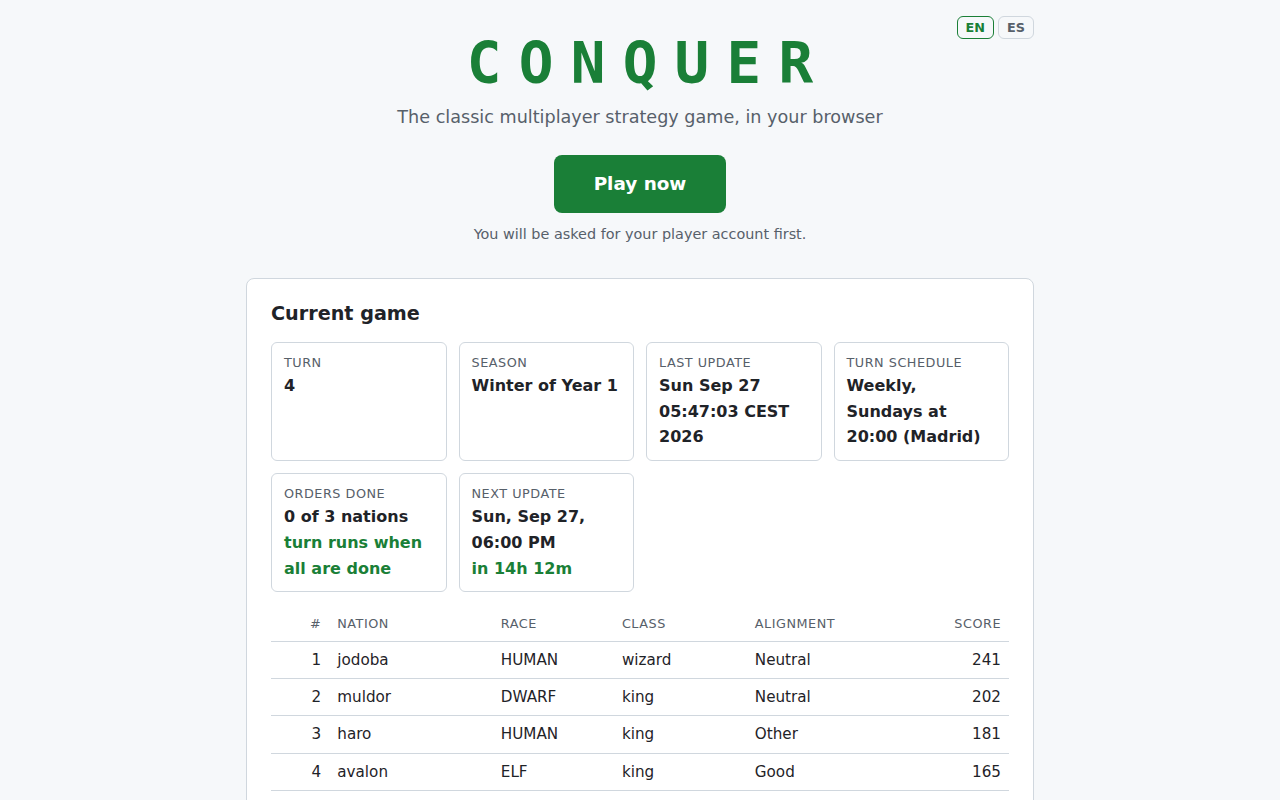 The Conquer home page with the Play now button and the current game: turn 4, Winter of Year 1, weekly schedule, 0 of 3 nations done and the next update in 14 hours.