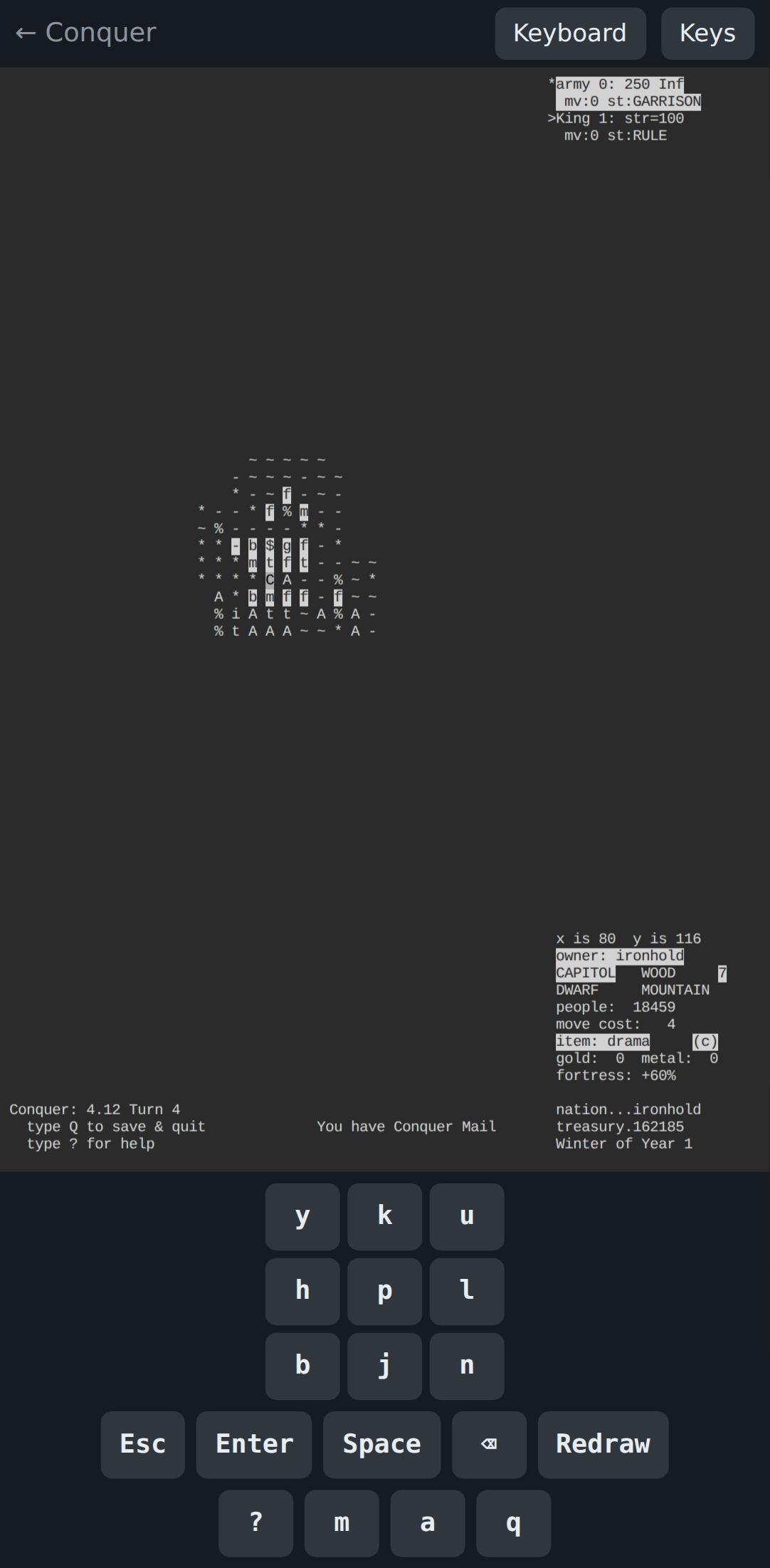 The game on a phone: the map of the dwarven nation ironhold with the on-screen key bar below it.